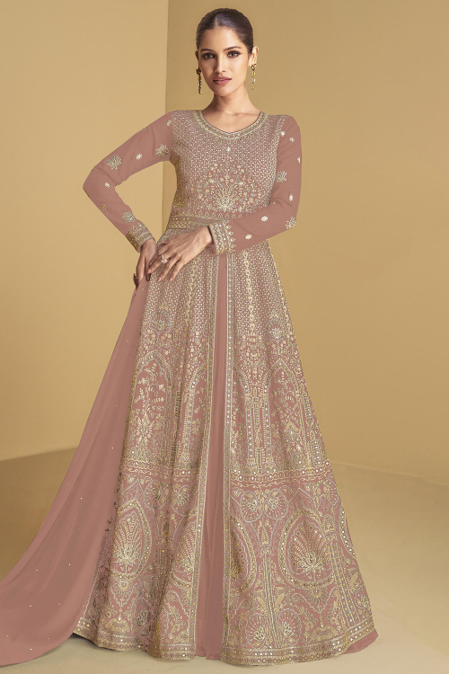 Dusty Pink Georgette Embroidered Front Slit Anarkali Suit 
