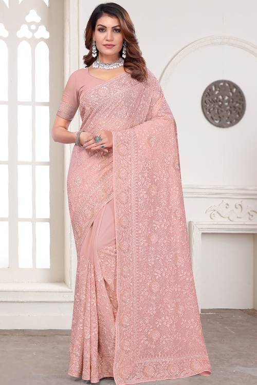 Dusty Pink Georgette Embroidered Regional Saree