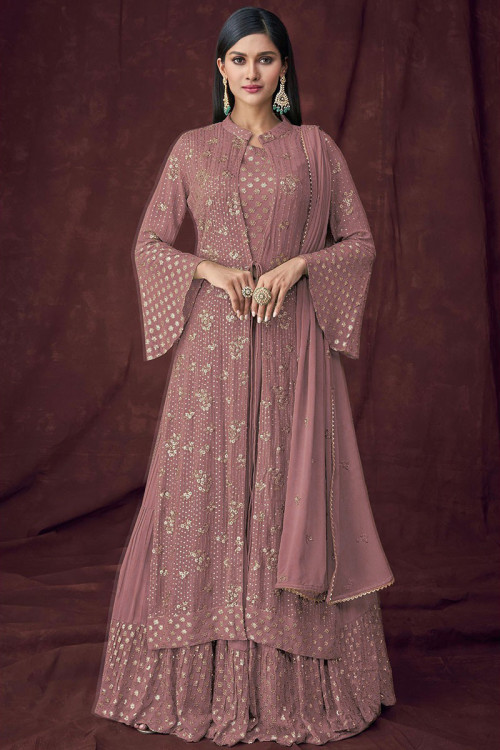 Dusty Pink Jacket Style Georgette Sharara Suit for Party 