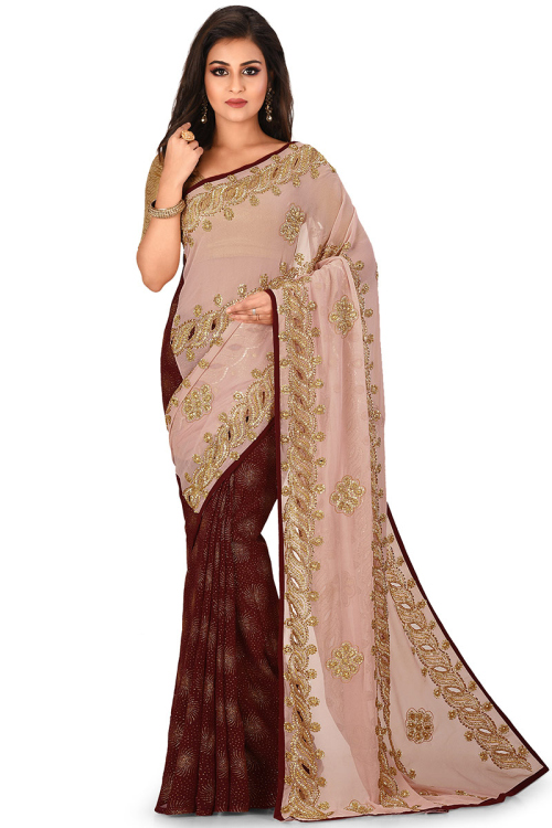 Dusty Pink Georgette Half and Half Saree With Zardosi Work
