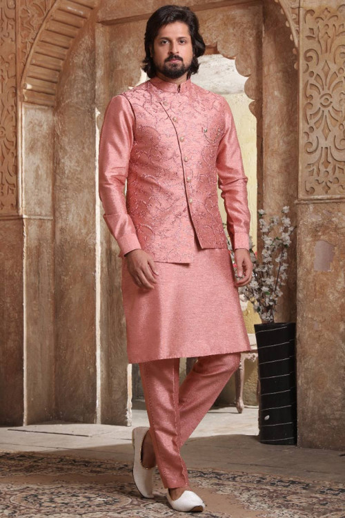 Buy Jacket Style Pink Punjabi Kurta Pajama Online for Men in USA