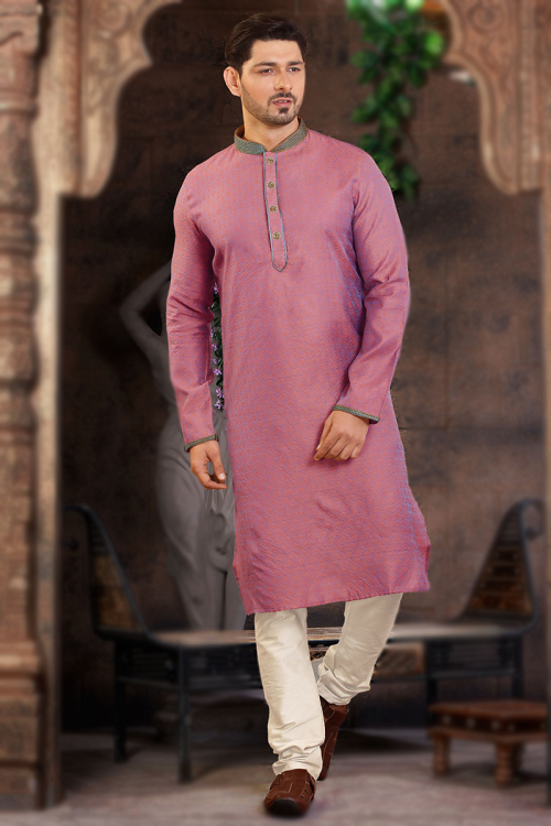 Dusty Pink Jacquard Weaved Thread Men's Kurta Churidar