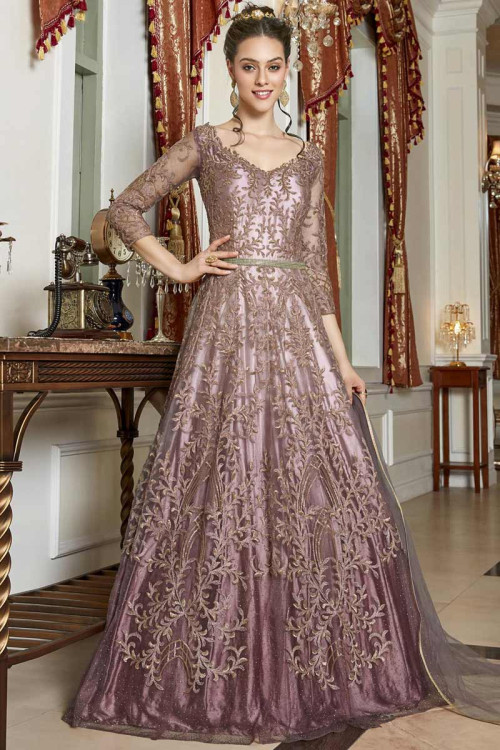 Dusty Pink Net Anarkali Suit With Sequins Work