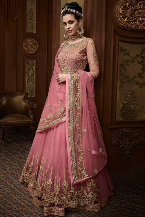 Dusty Pink Net Anarkali Suit With Zari Work