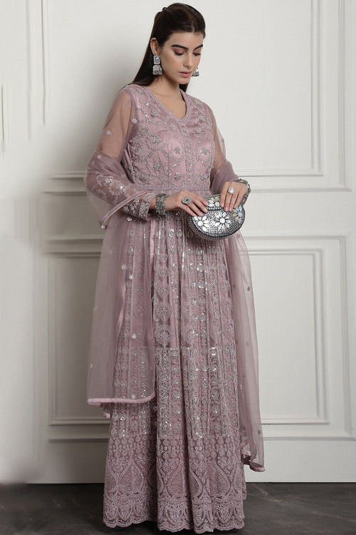 Dusty Pink Net Dori Embroidered Anarkali Suit For Sangeet 