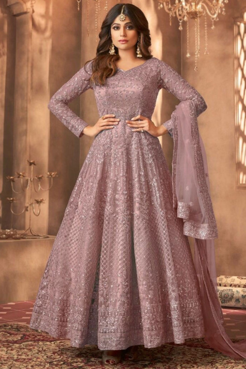 Dusty Pink Net Embroidered Eid Anarkali Suit 