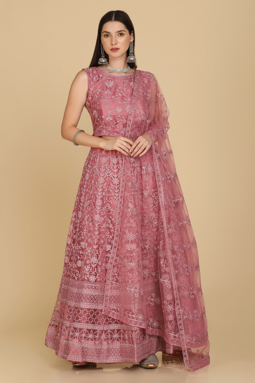 Dusty Pink Net Embroidered Panelled Style Lehenga