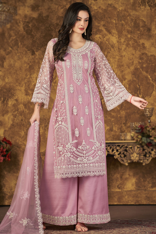 Dusty Pink Net Straight Cut Palazzo Suit