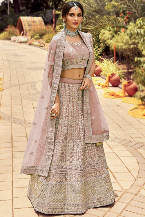 Dusty Pink Organza A-Line Embroidered Lehenga