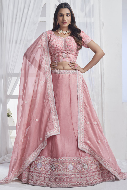 Dusty Pink Organza Dori Embroidered Lehenga For Sangeet 