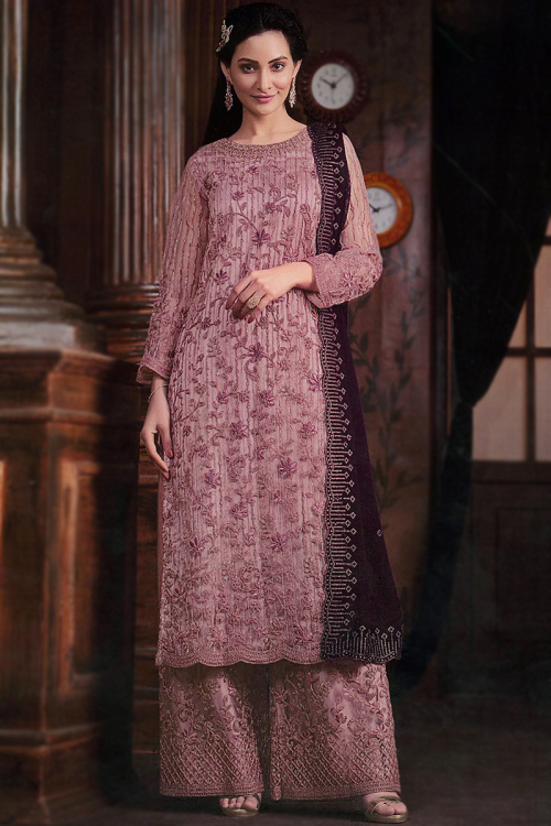 Dusty Pink Organza Dori Embroidered Palazzo Suit For Wedding 