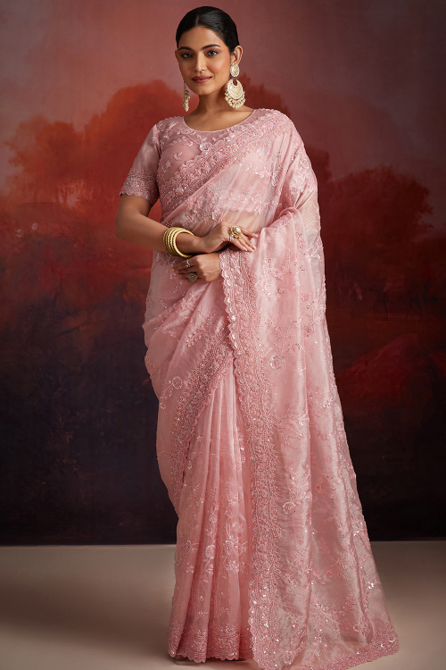 Dusty Pink Organza Embroidered Heavy Saree 
