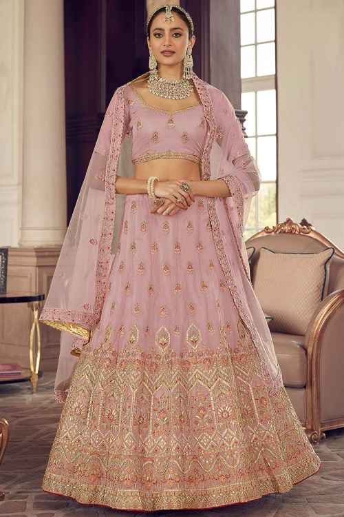 Dusty Pink Organza Embroidered Lehenga
