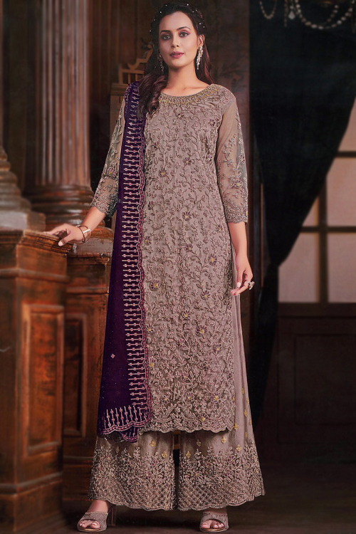 Dusty Pink Organza Embroidered Palazzo Suit For Wedding 