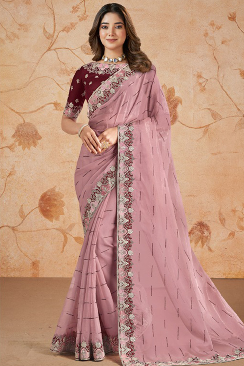 Dusty Pink Organza Embroidered Saree For Wedding 