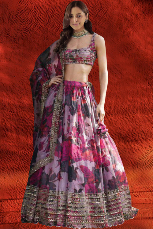 Dusty Pink Organza Floral Print Flared Style Lehenga