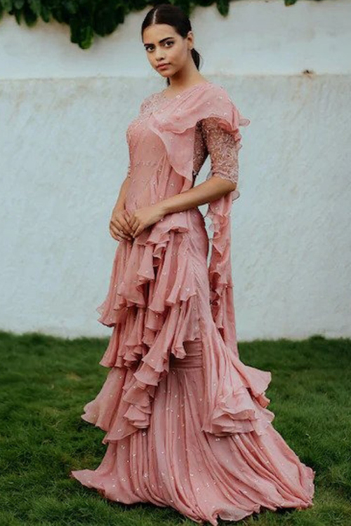 Dusty Pink Organza Indo-Western Lehenga