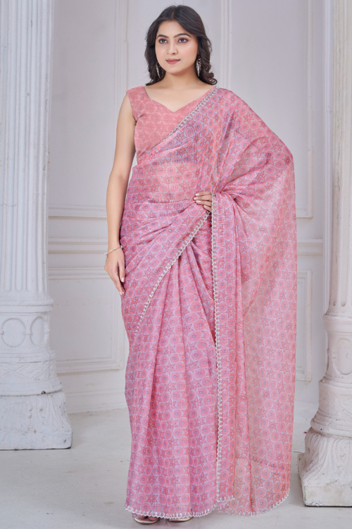 Dusty Pink Organza Saree With Printed Work For Festival