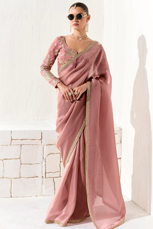 Dusty Pink Organza Saree With Zari Work For Diwali