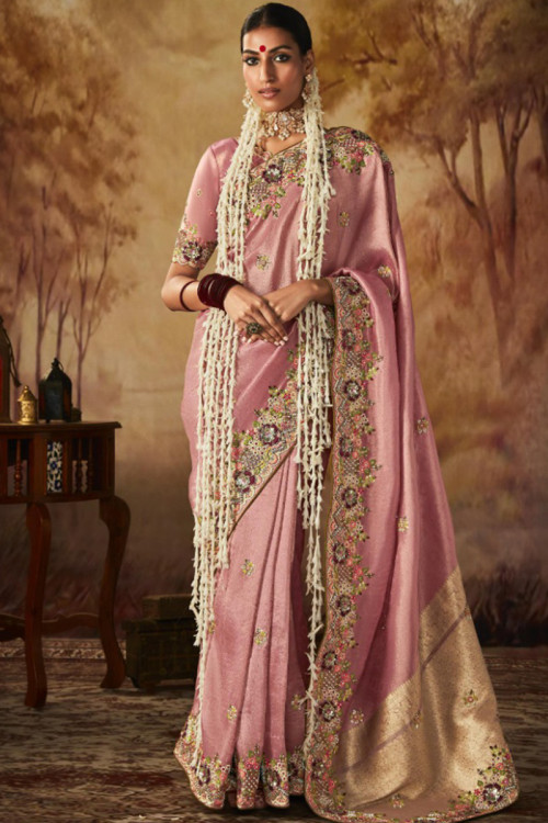 Dusty Pink Resham Embroidered Silk Heavy Saree