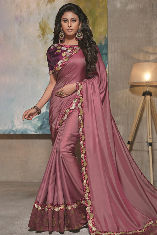 Dusty Pink Satin Lace Embroidered Light Weight Saree