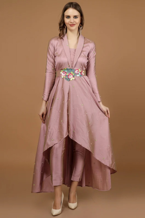 Dusty Pink Satin Pearl Embroidered Indo Western Trouser Suit