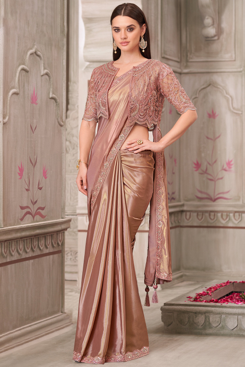 Dusty Pink Satin Silk Embroidered Fancy Saree
