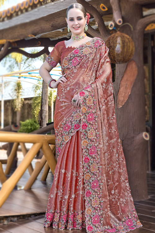 Dusty Pink Shimmer Chiffon Embroidered Saree