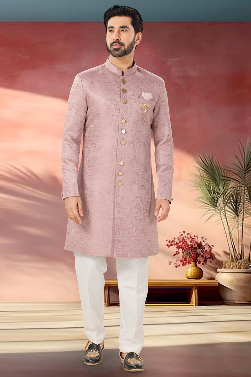 Dusty Pink Silk Blend Embroidered Straight Cut Men's Sherwani