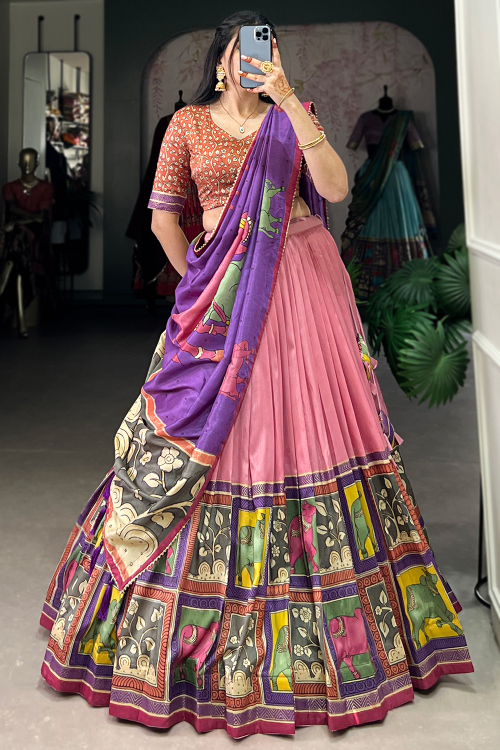 Dusty Pink Silk Blend Lehenga With Printed Work For Diwali