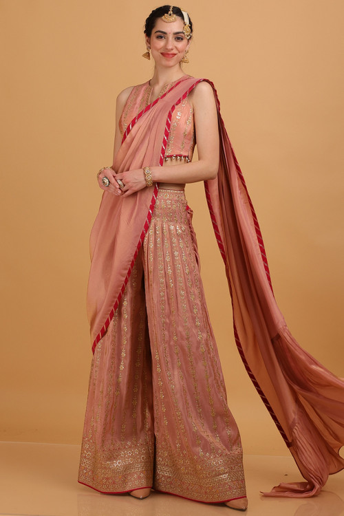 Dusty Pink Tissue Silk Embroidered Indo-Western Palazzo Suit 