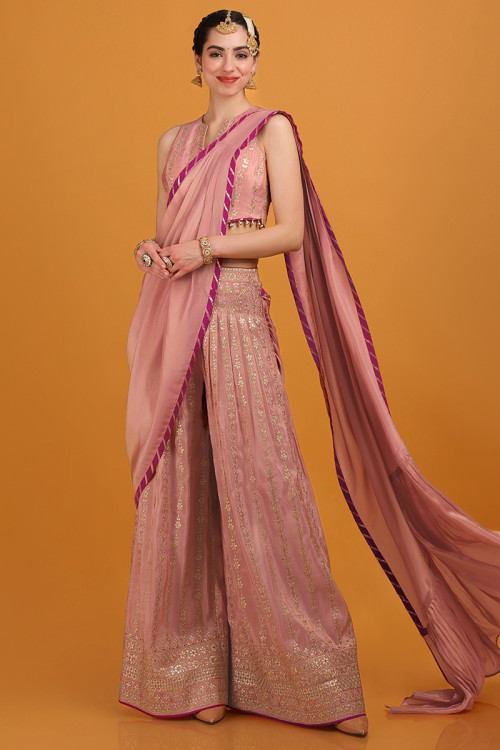 Dusty Pink Tissue Silk Embroidered Indo-Western Palazzo Suit 
