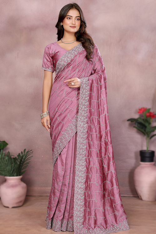 Dusty Pink Tissue Silk Saree With Stone Work For Festival