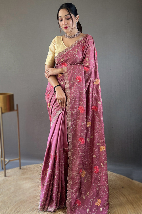 Dusty Pink Tussar Silk Embroidered Lightweight Saree 