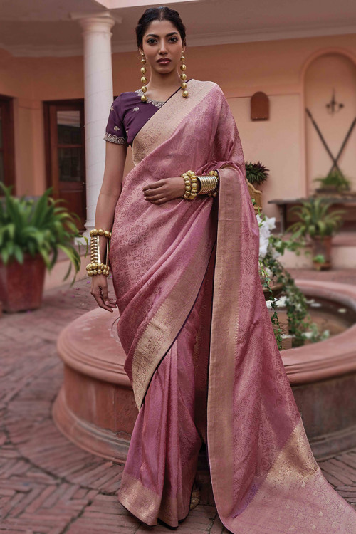 Dusty Pink Viscose Weaved Zari Wedding Wear Traditional Saree 