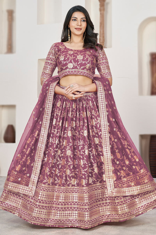 Dusty Pink Woven Zari Silk Flared Style Lehenga
