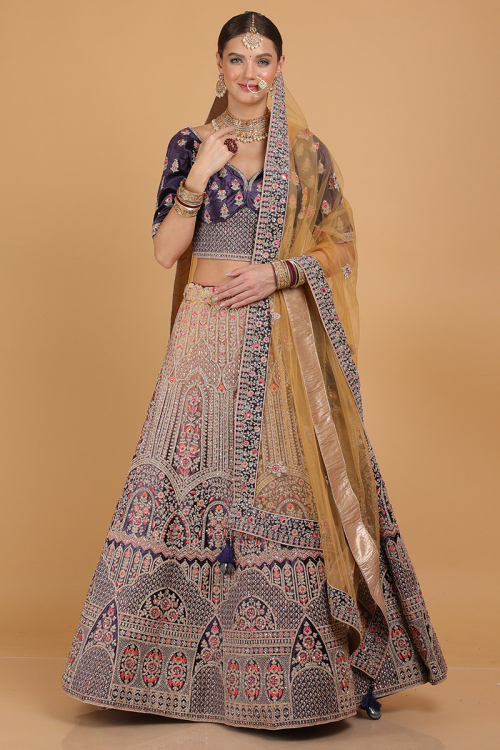 Dusty Purple and Trombone Yellow Velvet Ombre Lehenga for Wedding & Party