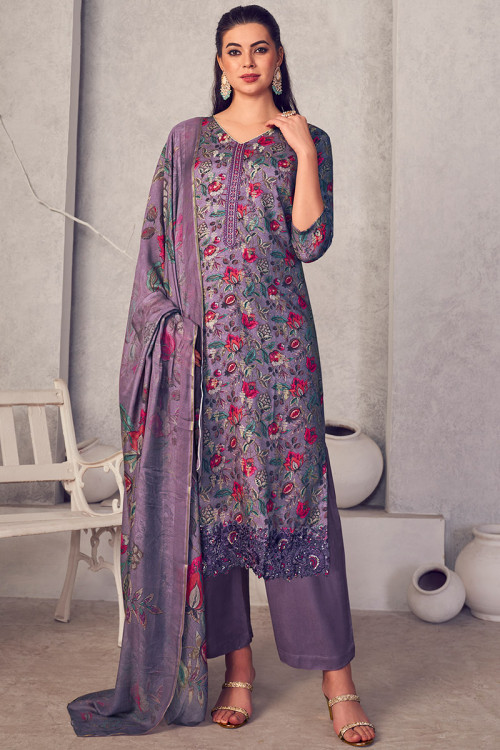 Dusty Purple Cotton Silk Printed Casual Wear Palazzo Suit