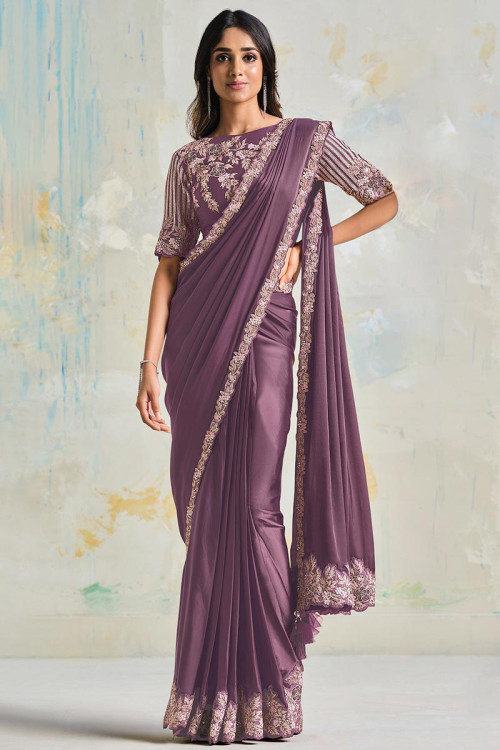 Dusty Purple Satin Crepe Lace Embroidered Fancy Saree 