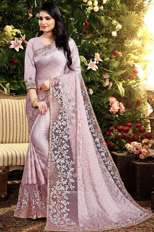 Dusty Purple Satin Silk Saree With Dori Work