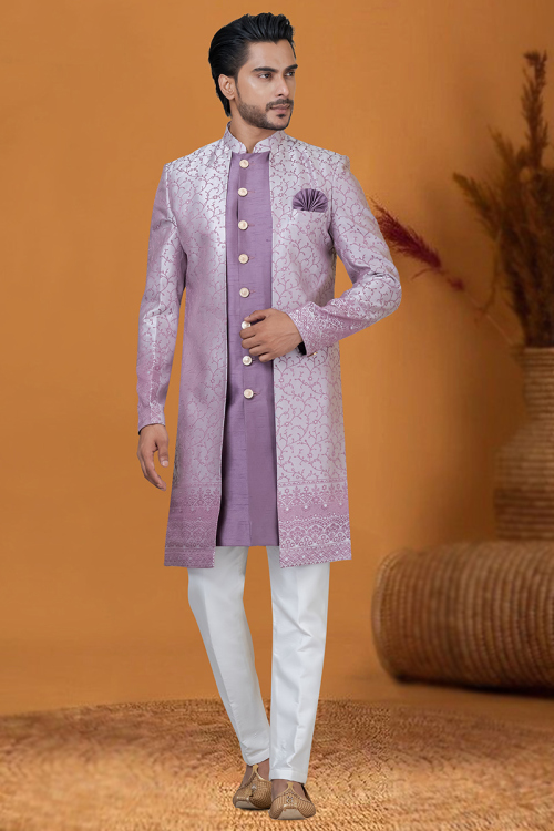Dusty Purple Silk Weaved Jacket Style Men's Sherwani