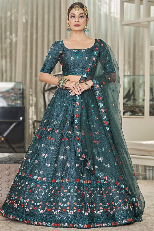 Dusty Teal Blue Silk Embroidered Lehenga