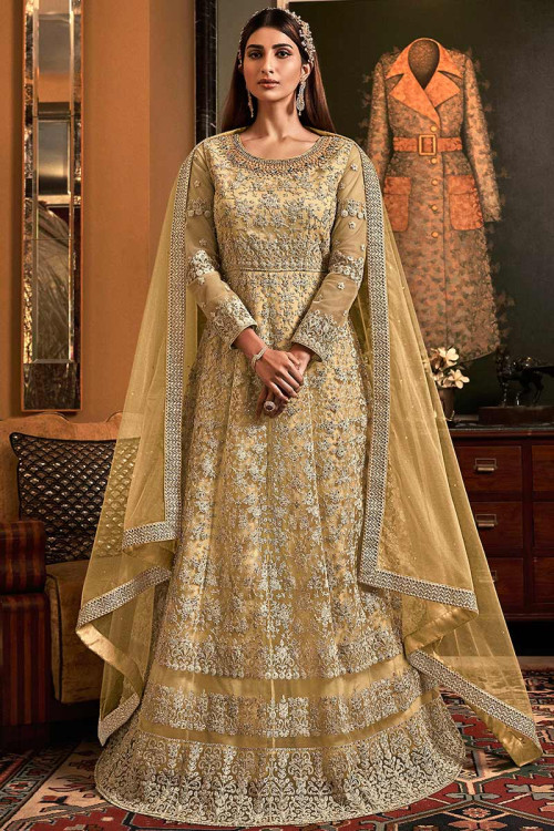 Dusty Yellow Net Anarkali Suit With Dori Work