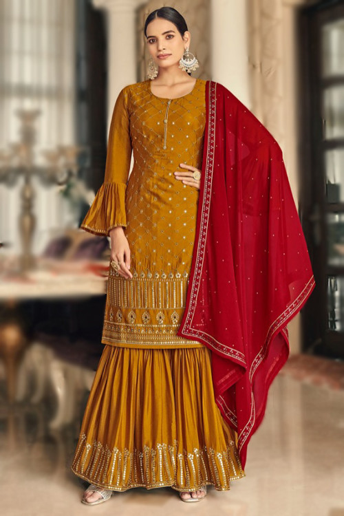 Haldi Special Yellow Pure Georgette Embroidery Work Sharara Suit