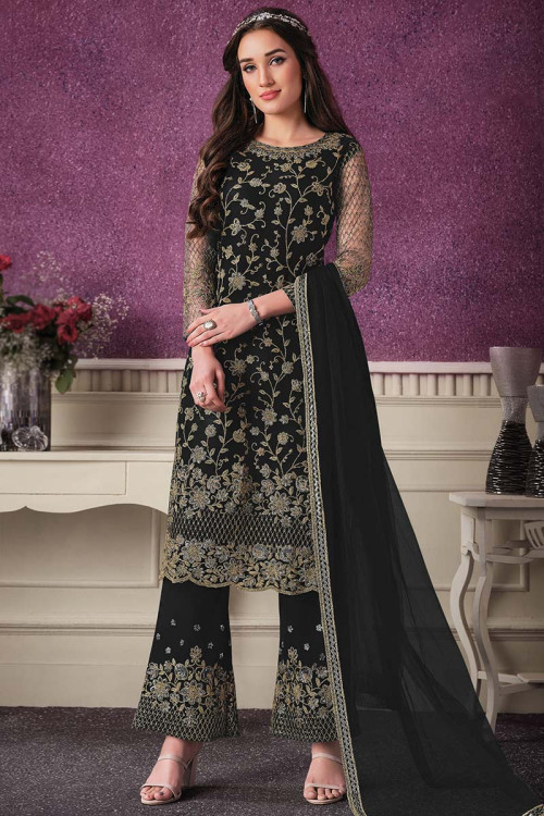 Buy This Embroidered Net Straight Pant Suit in Black Color Online -  SALA2399