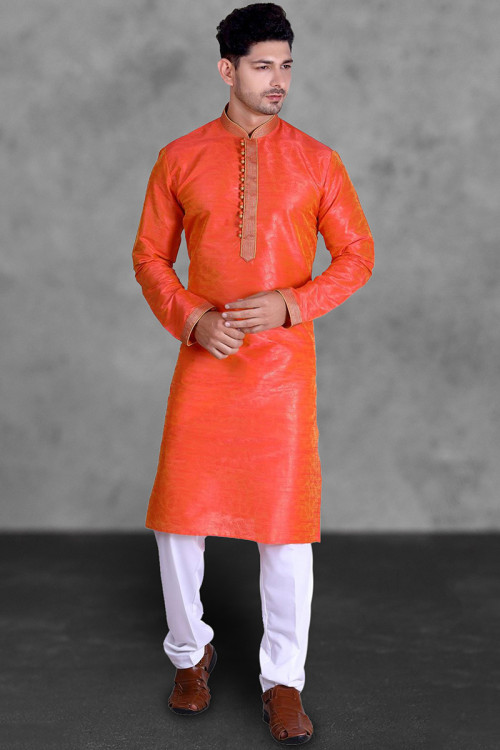 Eid Special Men Orange Kurta With White Pajama