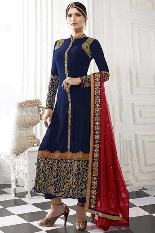 Embroidered Georgette Straight Pant Suit In Blue Colour
