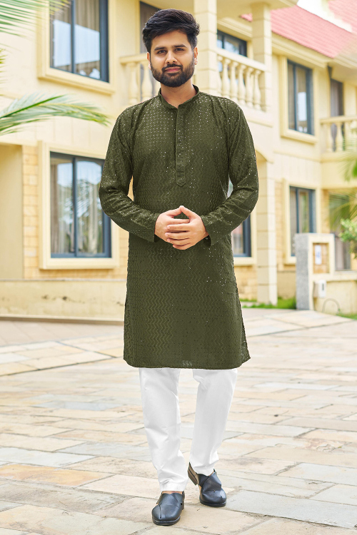 Embroidered Army Green Rayon Straight Cut Men's Kurta Pajama