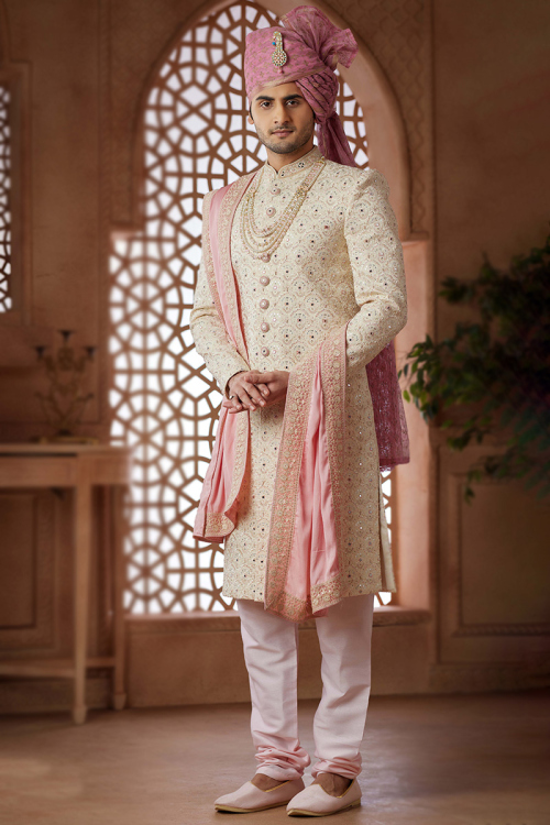 Embroidered Art Silk Cream Straight Cut Men's Sherwani