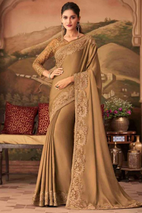 Saree in Art Silk Dark Beige with Sequins Embroidery for Party 